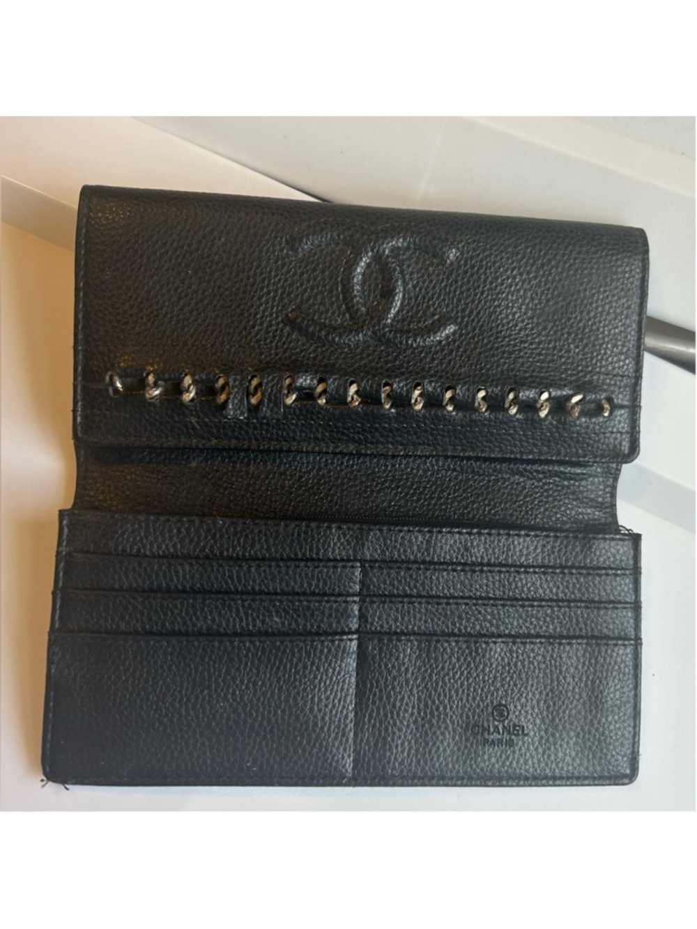 Vintage Chanel CC Logo Black Caviar Leather Wallet Designer Authentic Trifold - Picture 11 of 13